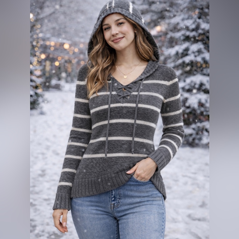 LEI Gray & White Striped Knit Hoodie Sweater | V-Neck Lace Up Pullover | Layer